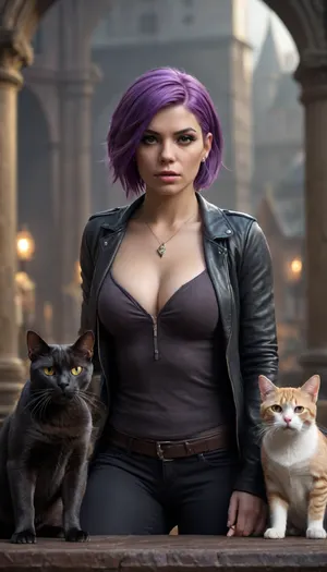 <lora:-Omnious-:1>, Female with purple hair a dark gray American Bully and 2 cats one black one gold and black detailed matte painting, deep color, fantastical, intricate detail, splash screen, complementary colors, fantasy concept art, 8k resolution trending on Artstation Unreal Engine 5