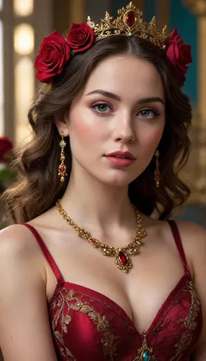 Young woman, light-medium complexion, with long, dark, wavy hair, adorned with a magnificent golden crown of roses and jeweled embellishments. Intricate, golden jewelry, including a detailed necklace and ornate armlets, featuring vibrant red and teal gems, embellish her form-fitting, deep crimson dress. Her expression is serene and captivating, with full lips, expressive eyes, and subtle, soft freckles across her cheeks. The woman's gaze is directed straight ahead, evoking a sense of mystery. Her posture is graceful and regal, her arms falling naturally at her sides. The background showcases an abundance of deep red roses, creating a lush, romantic ambiance, that are in soft focus. A warm, golden light illuminates her face and upper body, while the background fades into a soft, rose-toned glow. The lighting is dramatic, with highlights and shadows sculpting her features and adding a sense of depth to the image. The image's perspective is close-up and direct, focusing on her detailed features and intricate costume. The overall style is a modern fantasy, evoking images of a regal fairy, a powerful queen, or a seductive sorceress. The vibrant red roses and golden jewelry combine to create a dramatic color palette, resulting in a seductive and enchanting atmosphere. The image displays a high level of detail, emphasizing the embellishments, textures, and realistic portrayal of the subject. A tattoo is discernible on the woman’s arm. The style leans toward dramatic realism, with romantic and fantasy elements.