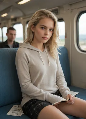 girl, sitting, train, reading, hoodie, skirt, pussy, clitoris, bangs, scrunchie, masterpiece, 4k, ray tracing, intricate details, highly-detailed, hyper-realistic, 8k RAW Editorial Photo BREAK cinematic light, dramatic light, shallow depth of field, high budget, bokeh, cinemascope, film grain ISO 800 faded film, 35mm photo, grainy, vignette, vintage, Kodachrome, Lomography, stained, highly detailed, found footage, 3lsaj3an, blonde, woman, <lora:add-detail-xl:.8>, <lora:275493_training_data:.8>, <lora:elsajean_SDXL:.8>