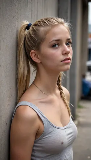 dirty homeless woman beautiful blonde 18 years old with ponytails woman, lewddungeon, background walls, breastclamp, <lora:breastclamp_SDXL_reg0_03s:.5>