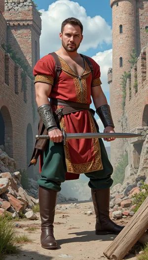 A ferocious Landsknecht mercenary, approximately 30-40 years old, of Germanic descent with weathered skin, intense blue eyes, and a determined expression, stands amidst the ruins of a captured medieval city. His pose is dynamic, a powerful stance with one leg slightly forward, his body angled towards the viewer, radiating aggression. He holds a zweihander in his right hand, its polished steel reflecting the ambient light, while his left hand grips the hilt tightly, knuckles white. He wears a richly detailed, yet tattered, Landsknecht uniform, a vibrant crimson doublet adorned with gold braid and intricate embroidery, partially obscured by a dark, worn leather jerkin. His hose are dark green, tucked into sturdy leather boots. His face is scarred, reflecting a lifetime of battles. The city around him is a chaotic blend of crumbling brick walls, shattered windows, and fallen timber, painted with a whimsical Art Nouveau style, organic shapes intertwine with the architectural decay. The watercolor style uses vibrant yet soft hues of crimson, ochre, and deep greens, contrasted with the grey-blue tones of the destroyed buildings. The lighting is dramatic, highlighting the mercenary's figure and the details of his attire, while casting deep shadows in the recesses of the ruined city. The perspective is slightly low, emphasizing the mercenary's dominance. The overall atmosphere is one of triumphant brutality, the whimsical Art Nouveau style creating a jarring yet captivating contrast with the fierce realism of the mercenary. The composition employs a three-quarters view, focusing on the mercenary as the central element amidst the chaos. The texture is rough and detailed, reflecting the worn materials of the clothing and the decaying architecture. The style evokes a blend of historical realism and the fluidity of Art Nouveau, showcasing the power and ferocity of the Landsknecht, offset by the dreamlike quality of the background. A wide-angle lens captures the scene.