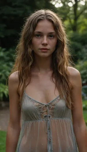 beautiful crazy hot hippy queen Occupy Wall Street protestor, wet transparent boho dress, big wet hair, 21yo Norwegian model girl, perfect face, flashing inside her garden