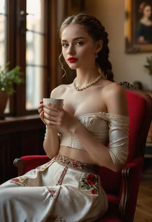 (masterpiece, best quality, ultra-detailed, photorealistic, HDR, vivid colors), stunning young Czech woman named Karolina, about 18 years old, strikingly beautiful and delicate face with fine, soft features, very large almond-shaped light hazel eyes, long dark lashes, perfectly arched thin brows, porcelain clear skin with a hint of blush, small elegant nose, high cheekbones, plump heart-shaped lips with bold glossy cherry-red lipstick, wide coquettish smile, extremely long shiny chestnut hair styled in an intricate thick braid wrapped around her head and flowing freely to her waist, original and artistic hairstyle, body is an exaggerated hourglass with very large firm and perky breasts, (large full tight breasts:1.2), ultra-narrow sculpted waist, extremely wide round hips, flat toned stomach, visible navel, wearing an expensive designer off-shoulder white silk crop top with a deep plunging neckline and luxurious embroidery, very short and ultra-tight high-end plaid skirt sitting extremely low on her hips to fully reveal her navel, waist, and upper thighs, showcasing her hourglass shape, sheer ivory thigh-high stockings, black patent leather luxury heels with golden accents, pearl earrings, a fine gold necklace, bold creative makeup with shimmering gold eyeshadow, eyeliner flick, and cherry-red lips, sitting elegantly on a velvet chair in an upscale art café in Prague, surrounded by original paintings and lush plants, sunlight streaming through large windows, cozy artistic interior, perfectly manicured hands gently holding a porcelain coffee cup, graceful slender fingers, five well-defined separated fingers on each hand, <lora:MJ52:1>, <lora:SDXLHighDetail_v6-000005:.8>, <lora:Microwaist_XL_v01:.8>