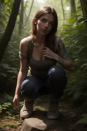 Ellie, a main character in the video game The Last of Us Part II, is in a post-apocalyptic forest, she is nude and a rucksack, sunlight filters through the leaves. nose, symmetrical face, symmetrical eyes, looking at camera, pov, POV shot, highlights, cute tall tall tall face, sweet woman, ass, fit thighs, skinny legs, embarrassed facial expression, cheeky smile, smiling sweetly, confident, no makeup, wearing mini dress, dressed for clubbing, s, wearing sneakers, standing, full body visible, low lighting, dark lighting, british street, london street, squatting, perfect pussy, shaven pussy, hourglass figure, natural pose, pose, beautiful hands, detailed fingers, photo of ohxw, ellie, tattoo on left arm, girl, black jeans, face details, low key lighting, <lora:2ellie-000003:2>