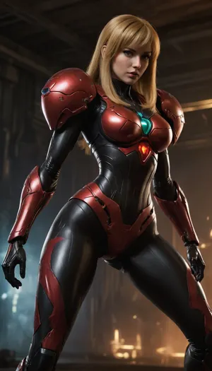 Samus Aran, black transformer body, devil vampire skin, dancer outfit, big breasts, score_9, score_8_up, score_7_up