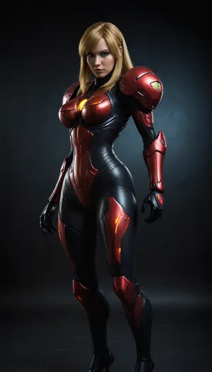 Samus Aran, black transformer body, devil vampire skin, dancer outfit, big breasts, score_9, score_8_up, score_7_up