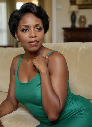 Ugly mature black woman in green dress sitting relaxed in living room, black short hair, big fat american negro ass