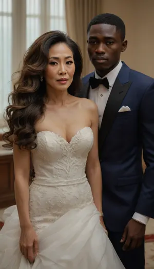 4K, luxury mention, ultra-detailed, ultra realistic Photo, ((Ultimate realistic photo)), (photorealism), ((detailed face)), (extreme long wave hair), (60 years old Korean MILF woman and African boy), full body view, modern wedding photography style --v 6 --style raw