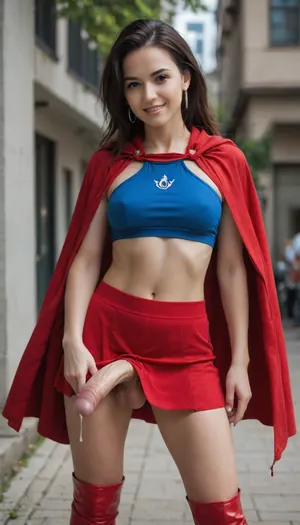 best quality, masterpiece, amazing quality, highly detailed, (score_9, score_8_up:1.1), perfect composition, shadows, shading, realistic skin, perfect coloring, smooth skin, anime, anime coloring, 1girl, momo ayase, (dandadan), navel, waist, hips, thighs, red cape, blue crop costume top, red skirt, red boots, (very flirty smile), cinematic angle, depth of field, intricate details, hyperdetailed, ultra-detailed, excellent, futanari, mastrubation, erect penis, hard penis, sagging testicles, veiny cock, leaking precum, throbbing cock