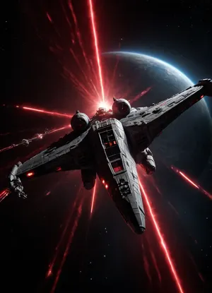 In the Galaxy far far Away, (Star Wars), in Space, Bright Stars Background, Millenium Falcon, (Flighting Effects, Speed Effects, Red Lasers Shots), Side View from Above, <lora:dark:.5>