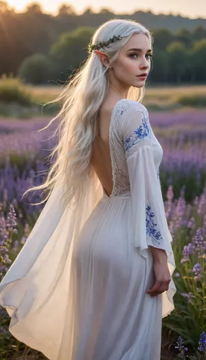 *22-year-old elven woman with delicate features, pointed ears, and ethereal beauty, long flowing white hair cascading down her back, in a dystopian yet mystical world, wearing an authentic flowing white tunic made of natural fabric with intricate ancient patterns, barefoot walking through a vast field covered in tiny blue wildflowers — bluebells and cornflowers, soft golden-hour lighting casting long shadows, cinematic composition, hyper-realistic details, high-resolution textures on fabric and skin, dramatic sky with scattered clouds, depth of field, wide-angle view, emotional and contemplative mood, post-apocalyptic yet poetic ambiance, detailed background with distant ruins or remnants of a forgotten civilization, photorealistic style, 8K quality, trending on ArtStation, fantasy concept art*
