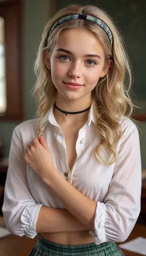 (((18 year old))), (((eye contact))), (((very young girl))), smiling, white blouse, top buttons undone, tied at midriff, medium breasts, plaid skirt, white stockings, choker, hands behind her back, (((blond hair, hair band))), grey-green eyes, (((cute))), (((petite girl))), (((narrow waist))), perfect hourglass figure, slim, tight waist, classroom, perfect hands, perfect fingers, perfect anatomy, realistic skin, masterpiece, best quality, high resolution, ultra detailed, <lora:MJ52:.8>, <lora:Realism_Lora_By_Stable_yogi_SDXL8.1:.8>