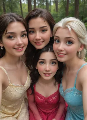 ((3girls)), ((3 disney princess)), (belle from the beauty and the beast film), (mulan), and, (anna from frozen film), close to each other, kneeling on ground, in forest, dressing their own dresses, looking up, facing up, smile, (selfie:1.2), .