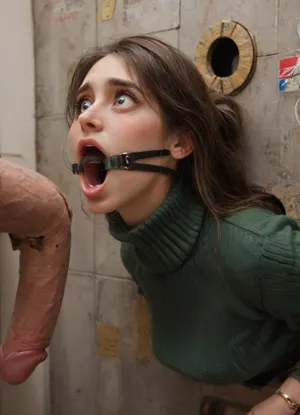 (glory wall:1.2), (bust and head protruding from a round hole with metal rim:1.5), (girl trapped in round hole with metal rim:1.3), (dark green turtleneck cashmere pullover:1.4), (wide mouth spreader ring gag:1.4), (from side), (leaning forward:1.4), (embarrassed, ashamed), (pleading expression), (vintage vending machine:1.1), (box is low mounted, close to floor), (score_9, score_8_up, score_7_up, UHD 8K, masterpiece, best quality, maximum details, natural light, extreme realism, cinematic still), (vending machine is hanging low:1.1), (she stares at man stroking his big penis in front of her face:1.6), (arms restrained with iron rings to the wall:1.2), (shackles around wrists), (arms restrained to wall:1.4), (arms left and right flat against the wall, multiple iron rings fixing her stretched arms against the wall:1.7)