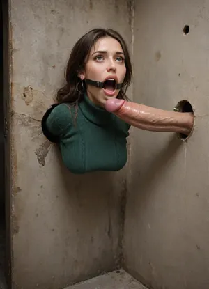 (glory wall:1.2), (girl is stuck in a round hole with metal rim:1.5), (girl trapped in round hole with metal rim:1.3), (dark green turtleneck cashmere pullover:1.4), (wide mouth spreader ring gag:1.4), (from side), (leaning forward:1.4), (embarrassed, ashamed), (pleading expression), (vintage vending machine:1.1), (box is low mounted, close to floor), (score_9, score_8_up, score_7_up, UHD 8K, masterpiece, best quality, maximum details, natural light, extreme realism, cinematic still), (she stares at erect penis in front of her face:1.6), (hand stroking his big dick), (shackles around wrists), (arms restrained to wall:1.4), (arms left and right flat against the wall, multiple iron rings fixing her stretched arms against the wall:1.7)