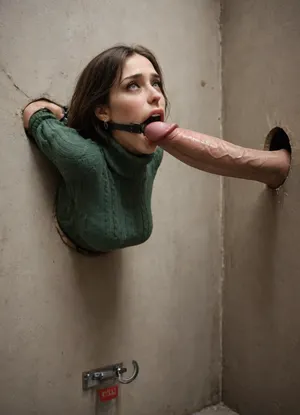 (glory wall:1.2), (girl is stuck in a round hole with metal rim:1.5), (girl trapped in round hole with metal rim:1.3), (dark green turtleneck cashmere pullover:1.4), (wide mouth spreader ring gag:1.4), (from side), (leaning forward:1.4), (embarrassed, ashamed), (pleading expression), (vintage vending machine:1.1), (box is low mounted, close to floor), (score_9, score_8_up, score_7_up, UHD 8K, masterpiece, best quality, maximum details, natural light, extreme realism, cinematic still), (she stares at erect penis in front of her face:1.6), (hand stroking his big dick), (shackles around wrists), (arms restrained to wall:1.4), (arms left and right flat against the wall, multiple iron rings fixing her stretched arms against the wall:1.7)