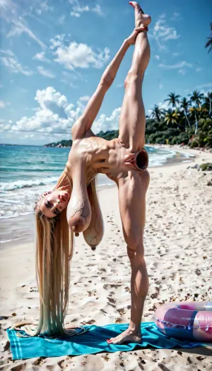 tall Woman with bright blonde hair, (((slim, skinny body))), (sunbathing at the beach, outdoor), towel, sand and water in background, ((showing feet and pussy)), ((flexible leg up, legs spread)), (((high resolution face))), (((very long thin hanging breasts))), (((very long sagging breasts))), (((long sagging tube tits))), (standing, sideview, back-view, bend over), (((look to camera, detailed face))), (((boobs hanging very long))), (((extreme long deflated tits))), ((huge inverted gaping nipples, deep gaping hole)), (((high resolution))), (((very long empty flat tits))), (((detailed long saggy breasts hanging down))), (((big veins on breasts))), (((veiny breasts))), ((far away angle)), (((full-body view))), (((large slim feet, very long toes))), (((red toenails))), ((long legs)), (((photorealistic))), ((high detailed body)), oiled skin, perfect pussy lips, (((stretching big gaping pink pussy))), (((spread huge pussy hole))), Stretching with hands, (((big gaping meaty cunt))), ((pussy high quality)), (((deep huge pussy pussyhole))), (((no toys or stuff in pussy, ass or near tits))), (((long sagging breasts))), (((contortionist))), ((flexible squatting)), ((clear and high quality face))