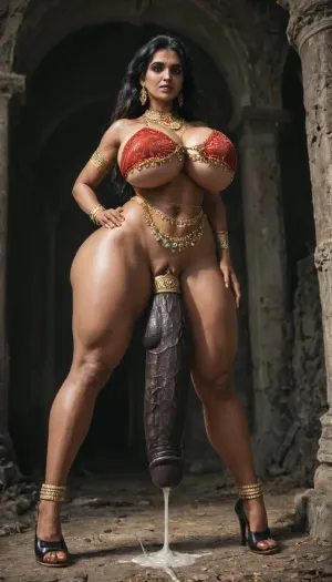 ((Indian jewelry, her body if fully covered in Indian jewelry and ornaments)), giant futa, huge black cock, black cock futa, futa huge balck cock, gigantic body size, bigger, huge gigantic body futa, gigantic, giant, hot futa bigger than everything, hight is like 300 meter, her body size is 300meter tall, A towering, divine MILF giantess stands amidst the ruins of a burning fantasy city, her colossal body framed in a low-angle, wide-lens cinematic shot. The camera looks up from the ground, capturing her massive thighs and hips filling the foreground, while her upper body and glowing eyes loom into the stormy sky. Her flowing, tattered gown flutters around her curves, barely containing her form as magic crackles around her. Smoke, ash, and embers swirl in the air, creating depth and scale. Crushed buildings lie beneath her feet, tiny soldiers flee in panic. Lightning silhouettes her figure from behind, with her hair blowing like wildfire. Ultra-wide cinematic depth of field, epic lighting contrast, dark fantasy color grade, high detail, film-quality scene, Dark fantasy destruction, cinematic epic scale, ultra-detailed, low-angle perspective, dramatic lighting, powerful feminine energy, ((black hair, big busty hyper-realistic body, huge body, big boobs, wider hips, bigger thighs, curvy sexy body figure)), ((cock jewelry, Indian style jewelry)), Hot mom futa black cock, ((((futa futa, futa, shemale)))), ((futa huge black hard cock)), (((shemale black cock))), (((big black cock))), (((massive vainey black cock))), detailed black cock, beautiful detailed black cock, vainey black cock, cock cum shots, cum, cumdump, cumming, beautiful, wide hips, massive erection, gorgeous face, futa futa, futa, shemale, (((futa cock ring, cock ring, cock ring cock ring, cock jewelry, cock jewelery, cock ornaments))), (((sexy body figure))), (((she has longest cock ever))), (((full body view))), devil, devil theme, devil vibes, devil eyes, devil style theme, devil dead, dead, bondage, cumshot, poses for photo shoot, funshots, funshot, fum, fun, enjoying shot, ImgFixerPre0.3, <lora:xl_more_art-full_v1:.5>, <lora:RMSDXL_Creative:.5>, <lora:Venus_Body_Alpha:.5>