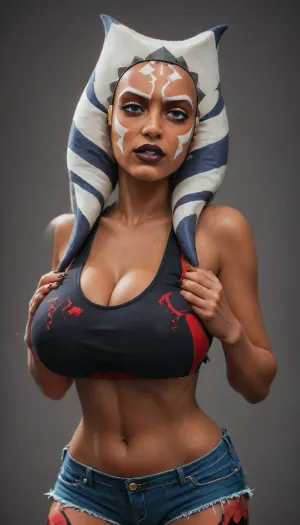 Solo, angry face, ((((Ahsoka Tano)))), ((((((black transformer body:2)))))), ((((((devil vampire skin:2)))))), (((daisy dukes and sports bra outfit))), huge breasts, score_9, score_8_up, score_7_up, <lora:Animated_Concept:2>, <lora:hentai_anime_style_xl_v1:2>