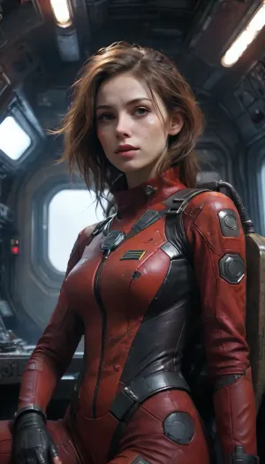 adult girl, cute face, (skinny:1.3), full-length, space, spaceship, stars, (dirty red dark futuristic suit), spaceship cockpit, instrument panel, planets and star, mouth slightly open, slumber, severe fatigue, smoke, perspiration, melancholy, <lora:oil_and_watercolor_painting:2>