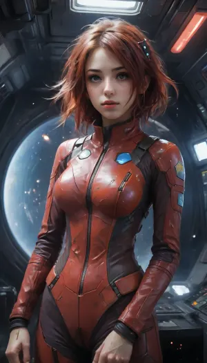 adult girl, cute face, (skinny:1.3), full-length, space, spaceship, stars, (dirty red dark futuristic suit), spaceship cockpit, instrument panel, planets and star, mouth slightly open, slumber, severe fatigue, smoke, perspiration, melancholy, (anime:1.6), <lora:oil_and_watercolor_painting:2>