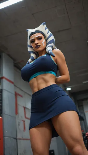 Solo, angry face, ((((Ahsoka Tano)))), ((((((black transformer body:2)))))), from below, upskirt, (((tight blue slirt and sports bra outfit))), huge breasts, score_9, score_8_up, score_7_up, <lora:Animated_Concept:2>, <lora:hentai_anime_style_xl_v1:2>