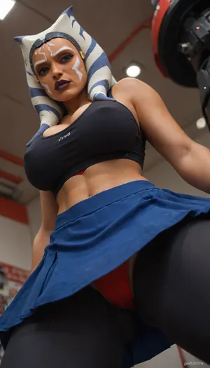 Solo, angry face, ((((Ahsoka Tano)))), ((((((black transformer body:2)))))), from below, upskirt, (((tight blue skirt and sports bra, red thong outfit))), huge breasts, score_9, score_8_up, score_7_up, <lora:Animated_Concept:2>, <lora:hentai_anime_style_xl_v1:2>