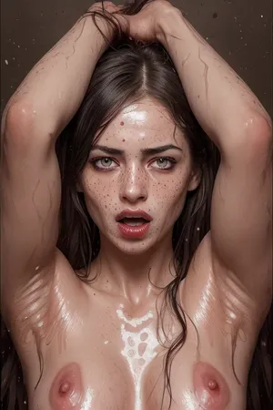 a highly detailed, hyper-realistic photo depicting a young woman with fair skin, freckles, and shoulder-length, dirty hair. She has striking eyes with heavy black eyeliner and mascara tears, and her lips are painted a deep red. Her facial expression is one of astonishment, happiness and amusement, with her mouth open and her eyes wide. Her body is completely nude, with small, perky breasts and a slender build. She is covered in semen, with streams of it dripping down her face, hair, neck, and chest, indicating a recent sexual encounter. Surrounding her head are multiple erect penises, each belonging to a different person. The penises are all different sizes and shapes, with varying shades of brown and pink. The background is dark, with the focus entirely on the woman's face and the surrounding penises, ensuring that no other objects or people are visible. The image is highly explicit and graphic, focusing on themes of sex. The lighting is intense, highlighting the textures of the semen and the skin, creating a vivid and disturbing visual experience