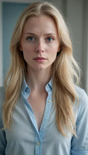 A hyper-realistic photo of a Scandinavian woman, early 30s, pale skin, long blonde wild hair, (thin:1), wearing a light blue shirt, <lora:flat_chested_v3.5:2>