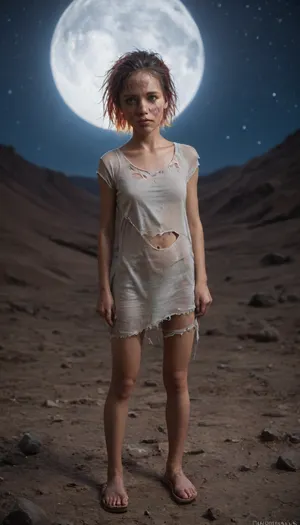 adult girl, cute face, bright blue eyes, colorful hair, skinny, full-length, short hairstyle, ((dirty torn clothes)), alien landscape, alien sky, stars, night, moon, meteor shower, dirty body, (ultra realism:1.8), ((ultra-realistic)), ((hyper-detailed)), (ultra detailed face:1.6), (detailed iris), (detailed mouth), ((textured skin)), 4k epic detail, shot on kodak, 35mm photo, sharp focus, cinemascope, epic, score_9, score_8_up, score_7_up, rating, explicit, best quality, ultra-detailed, masterpiece, finely detail, highres, 8k wallpaper, intricate, highly detailed, insanely detailed, best lighting, perfect illumination, (best illumination), (best shadow, best shadows), full scene picture, full-length photo, ((ultra-detailed)), (intricate details:.6), professional photography, photo-realism, award winning photography, dslr, hyperrealistic, (Fujifilm XT3, analog style, professional DSLR photo, film grain:.8), 8k high definition, Great Composition, highly complex, (intricate detail:1.2)