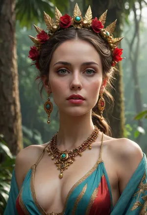 Majestic woman stands in a lush tropical jungle, bathed in soft, filtered natural light. She wears a resplendent crown with shades of red, brown, and gold, adorned with intricate metalwork and precious stones. Her delicate hands frame her décolletage, gently holding the straps of a natural, textured robe, evoking jute or other organic materials. A central pendant with a precious stone accentuates her décolletage, drawing the eye. Confident and gracious, her posture exudes quiet authority and mystical connection to her surroundings. Her captivating face features intense traits and an enchanting expression. Piercing eyes, highlighted by delicate, vibrant makeup, seem to fix the observer with an aura of mystery. A turquoise stone adorns her forehead, adding a spiritual touch to her appearance. Slightly parted lips add a sensual and enigmatic note. The surrounding environment is blurred, emphasizing the richness of golden jewelry and pearls adorning her neck, ears, and wrists, while capturing the warm, vibrant atmosphere of the tropical jungle. Perfect anatomical proportions, detailed matte painting, deep colors, fantastical, intricate details, inspired by the styles of Simon Stalenhag, Zdzisław Beksiński, and Android Jones, with a splash of cinematic realism, and a fantasy concept art aesthetic, in 8k resolution, reminiscent of trending Artstation pieces, crafted with the precision of Unreal Engine 5.