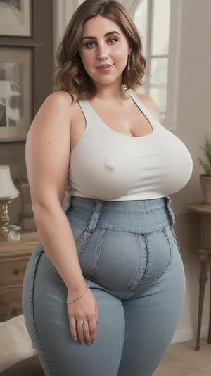 Armenian, photorealistic, Aunt Cass, (mature:1.4), (obese:1.5), best quality, 4k, ((masterpiece)), living room, extremely detailed, 8k, trending on ArtStation, Intricate, High Detail, Sharp focus, curvy, thick, thighs, 1girl, (beautiful face, perfect eyes:1.2), (milf:1.2), (curvy:1.1), (thick:1.2), (thick thighs), (bedroom_background), rating, safe, (sagging breasts:1.3), (wide_hips), collarbone, (white tank top, tight highwaist jeans), solo_focus, sensual, seductive smile, parted_lips, (brown hair, bob hair), lips, looking_at_viewer, standing, ((contrapposto)), (big fupa:1.2), plump waist, chubby
