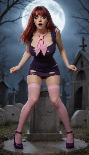 ((a scared k5t13b5nks, ((wearing ripped purple minidress, pink neckerchief, pink stockings and purple high heels ONLY)), lost in a creepy graveyard at night)), 25 years old, (bright red hair), (long straight hair), bangs, (light makeup), (large breasts), closeup, (running mascara), (purple minidress), (pink stockings), (pink neckerchief), (purple high heels), (scared expression), terrified, exhausted, (leaning on tombstone), (creepy graveyard), (nighttime:1), (full moon), mist, tombstones, <lora:576533_training_data:.8>