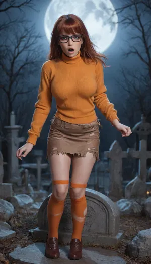 ((a scared ercrscmpbll, ((wearing eyeglasses, ripped orange sweater, ripped brown skirt, orange stockings and brown "mary jane" shoes ONLY)), lost in a creepy graveyard at night)), 25 years old, (dark brown hair), (mussed hair), (short straight bob hairstyle), bangs, (light makeup), (large breasts), closeup, (running mascara), eyeglasses, (focus ripped orange sweater), (orange stockings), (brown skirt), (brown "mary jane" shoes), (focus ripped clothing), (scared expression), terrified, exhausted, (leaning on tombstone), (creepy graveyard), (nighttime:1), (full moon), mist, tombstones, <lora:ercmpbll-000010:.8>