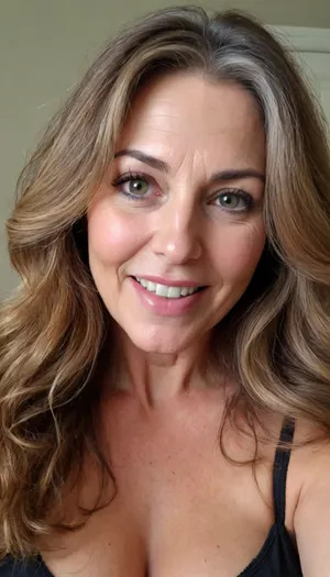sexy mature, sexy 60 years old, brunette, long wave hair with highlights, chubby, cute smile face, huge bright hazel eyes, wide jaw, long big chin, tall, selfie, in the morning, after sleep, messy hair, sleep face