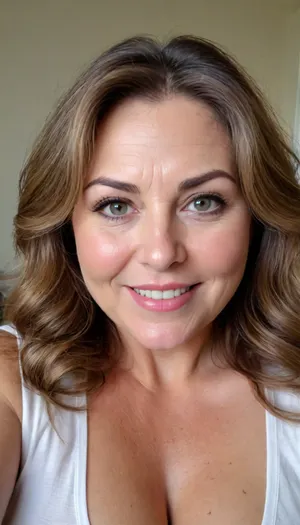 sexy mature, sexy 60 years old, brunette, long wave hair with highlights, chubby, cute smile face, huge bright hazel eyes, wide jaw, long big chin, tall, selfie, in the morning, after sleep, messy hair, seductive eyes, chubby face