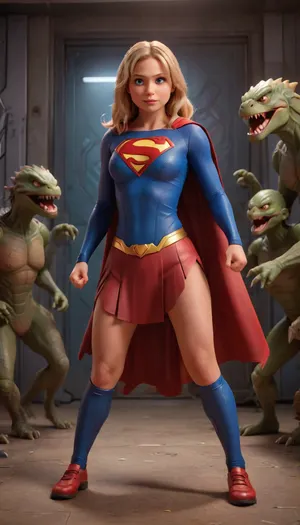Supergirl is in a fighting stance as she is surrounded by reptilian looking aliens with vicious fangs and claws, full body in view, <lora:SDXL_BetterFaces-LoRA_v1:.8>, cartoon, room, <lora:cartoon_room:.8>, <lora:3D_Animation_Style-000009:.8>, <lora:flashpan:.8>