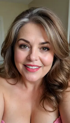 sexy mature, sexy 60 years old, brunette, long wave hair with highlights, chubby, cute smile face, huge bright hazel eyes, wide jaw, long big chin, tall, selfie, in the morning, after sleep, messy hair, seductive eyes, chubby round face, lipstick