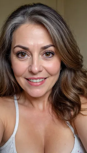 sexy mature, sexy 60 years old, brunette, long wave hair, chubby, cute smile face, huge black eyes, wide jaw, long big chin, tall, selfie, in the morning, after sleep, messy hair, sleep face