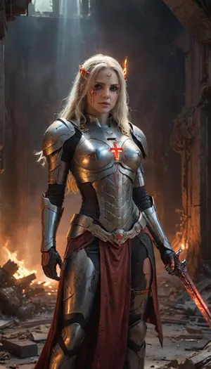A UHD photo, a cinematic digital artwork featuring a powerful, female armored figure in a heroic yet worn, battle-hardened pose, set against a gritty, dimly lit, post-apocalyptic backdrop with a warm orange glow. The subject, a humanoid character with long, flowing silver hair and a radiant, metallic halo hovering above their head, embodies a fusion of divine and mechanical elements. The intricate, shiny armor, with a metallic finish, covers the entire body except for the face, which is partially visible, smeared with dark, crimson blood, and marked by faint, glowing blue circuits on the forehead and cheeks. A tattered, white tabard with a prominent, blood-stained red cross on the chest adds to the intense, apocalyptic atmosphere. In their right hand, they grip a bloodied, ornate sword, pointing downward, surrounded by a halo of light, casting long, dramatic shadows on the ruined environment. The background is a maze of debris, rubble, and twisted metal, with hints of smoke and fog, amplifying the sense of destruction and chaos. The lighting is focused on the character, accentuating the reflective surfaces of the armor, creating a sense of depth and gritty realism., with high levels of detail, Stable-Yogis-Makeup-Enhancer-XL, <lora:xl_more_art-full_v1:.8>, <lora:cfg_scale_boost:.8>, hinaigirl, <lora:MaybeBetterFaceInFullBodyLora_XL_rev3:.8>, 4ng3l, face, <lora:SDXL_BetterFaces-LoRA_v1:.8>