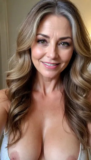 sexy mature, sexy 60 years old, brunette, long wave hair with highlights, chubby, cute smile face, huge bright hazel eyes, wide jaw, long big chin, tall, selfie, in the morning, after sleep, messy hair, sleep face, <lora:698348_training_data:.8>