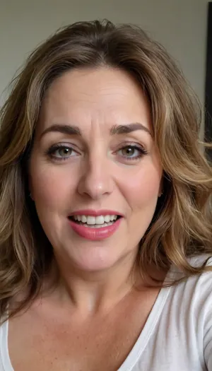 sexy mature, sexy 60 years old, brunette, long wave hair with highlights, chubby, cute smile face, huge bright hazel eyes, wide jaw, long big chin, tall, selfie, in the morning, after sleep, messy hair, seductive eyes, chubby round face, lipstick, org4smic, <lora:org4smic_sdxl:.8>, <lora:698348_training_data:.8>