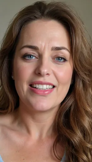 sexy mature, sexy 60 years old, brunette, long wave hair with highlights, chubby, cute smile face, huge bright blue eyes, wide jaw, long big chin, tall, selfie, in the morning, after sleep, messy hair, seductive eyes, chubby round face, lipstick, org4smic, <lora:org4smic_sdxl:.8>, <lora:698348_training_data:.8>