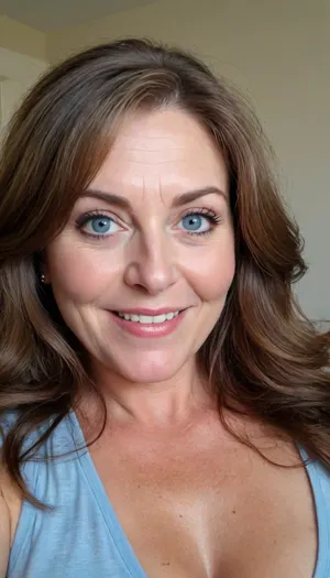 sexy mature, sexy 60 years old, brunette, long wave hair, chubby, cute smile face, huge blue eyes, wide jaw, long big chin, tall, selfie, in the morning, after sleep, messy hair, sleep face, <lora:698348_training_data:.8>