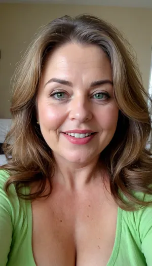 sexy mature, sexy 60 years old, brunette, long wave hair with highlights, chubby, cute smile face, huge bright green eyes, wide jaw, long big chin, tall, selfie, in the morning, after sleep, messy hair, seductive eyes, chubby round face, lipstick, <lora:698348_training_data:.8>