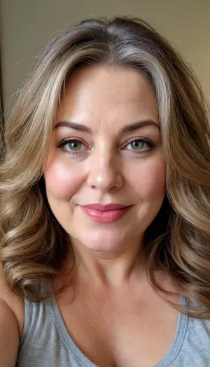 sexy mature, sexy 60 years old, brunette, long wave hair with highlights, chubby, cute smile face, huge light hazel green eyes, wide jaw, long big chin, tall, selfie, in the morning, after sleep, messy hair, seductive eyes, chubby round face, lipstick, <lora:698348_training_data:.8>