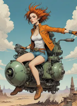 score_9, score_8_up, score_7_up, woman flying high on a mechanical bird machine, (A detailed drawing with clean lines, flat colors, line art, no gradients, green and blue and orange palette), realistic anatomy, wind-swept hair, steampunk, deset wasteland, clouds, sand storm, desert city down below, Moebius, detailed face, (Jean Giraud), page, lineart, <lora:Moebius (Jean Giraud) Style:1>, <lora:outline_xl_kohaku_delta_spv5x:1.1>, <lora:lineartSDXL:.8>