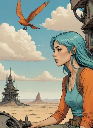 score_9, score_8_up, score_7_up, (A detailed drawing with clean lines and meticulous shading, flat colors, line art, no gradients, green and blue and orange palette), realistic anatomy, steampunk, woman piloting a mechanical bird machine, flying high, deset wasteland, clouds, sand storm, desert city down below below, Moebius, detailed face, (Jean, Giraud), page, lineart, <lora:Moebius (Jean Giraud) Style:1>, <lora:outline_xl_kohaku_delta_spv5x:1.1>, <lora:lineartSDXL:.8>
