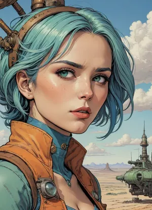 score_9, score_8_up, score_7_up, (A detailed drawing with clean lines and meticulous shading, flat colors, line art, no gradients, green and blue and orange hue), Steampunk, focus on face, face close-up, woman flying on a mechanical flying machine, flying high, deset wasteland, clouds, sand storm, desert city down below below, Moebius, detailed face, (Jean, Giraud), page, lineart, <lora:Moebius (Jean Giraud) Style:1>, <lora:outline_xl_kohaku_delta_spv5x:1.1>, <lora:lineartSDXL:.8>