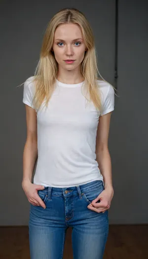 A hyper-realistic photo of a Scandinavian woman, pale skin, long wild blonde hair, (thin:1.4), athletic, wearing a short white t-shirt and blue jeans, <lora:flat_chested_v3.5:2>, cinematography, best quality, photorealism, masterpiece